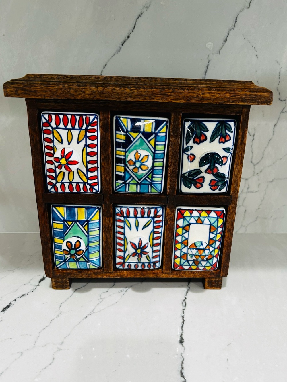 Handmade Wooden Mini Chest with Colorful Ceramic Tiles